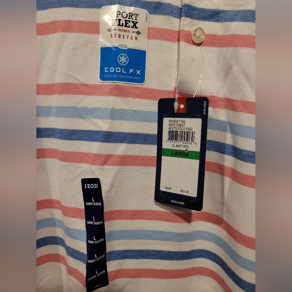 NWT Men's Izod Sport Flex Cool FX Striped Polo Size L White Blue Pink - Picture 7 of 12